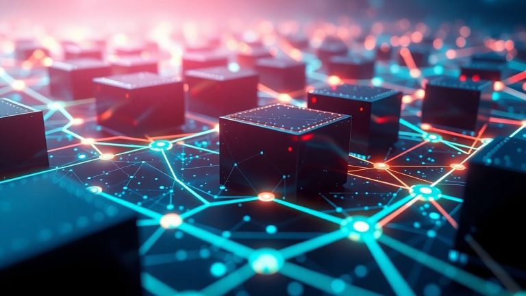 Interconnected digital blocks forming a secure network.