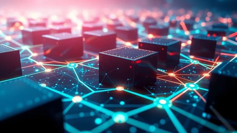 Interconnected digital blocks forming a secure network.