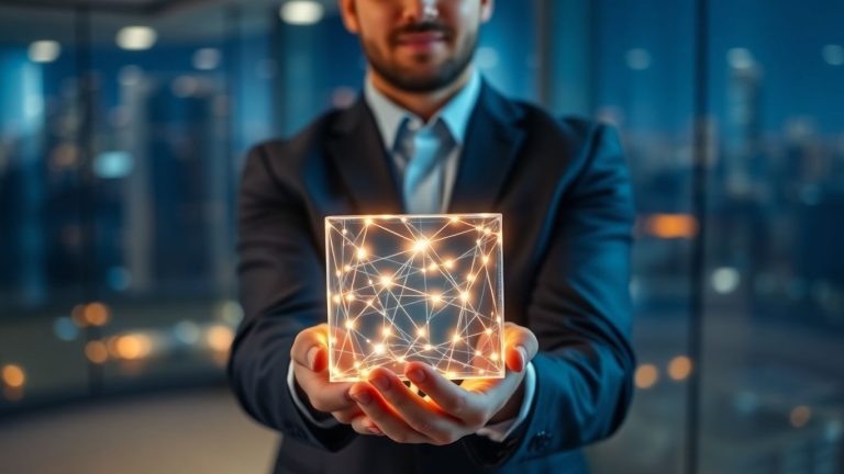 Professional holding a glowing digital cube with light patterns.