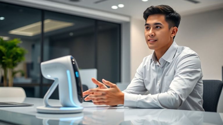Person talking to a futuristic AI device at desk.