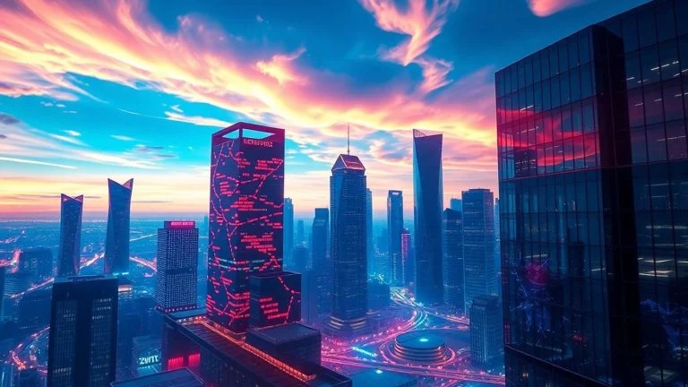 Futuristic cityscape with AI glow.