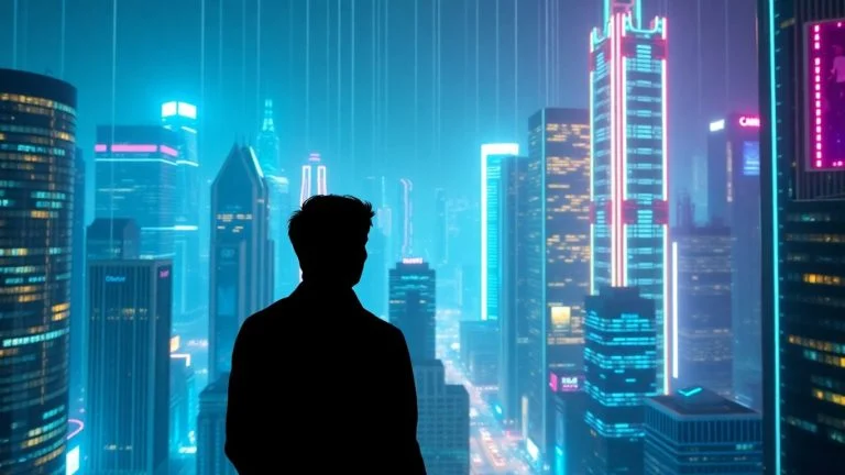 Futuristic cityscape with glowing digital circuits.