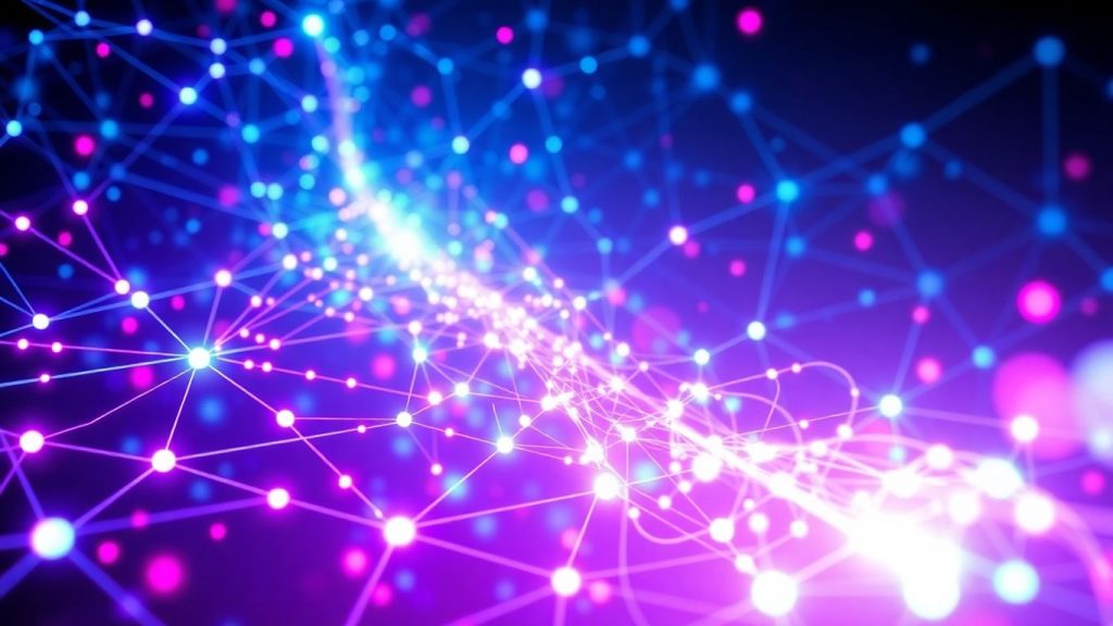 Interconnected digital network with glowing blue and purple nodes.