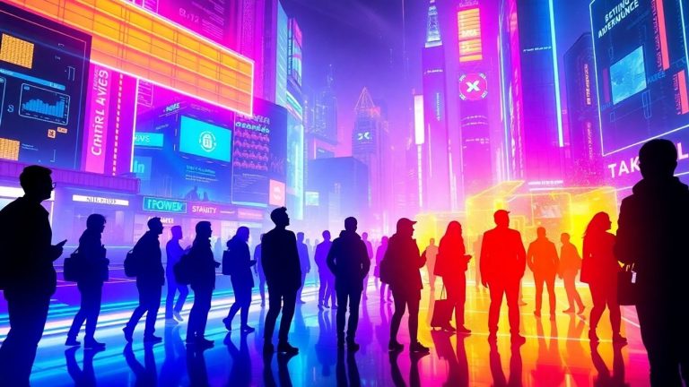 Futuristic cityscape with glowing digital elements and people.