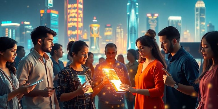People interacting with glowing digital interfaces and futuristic cityscapes.