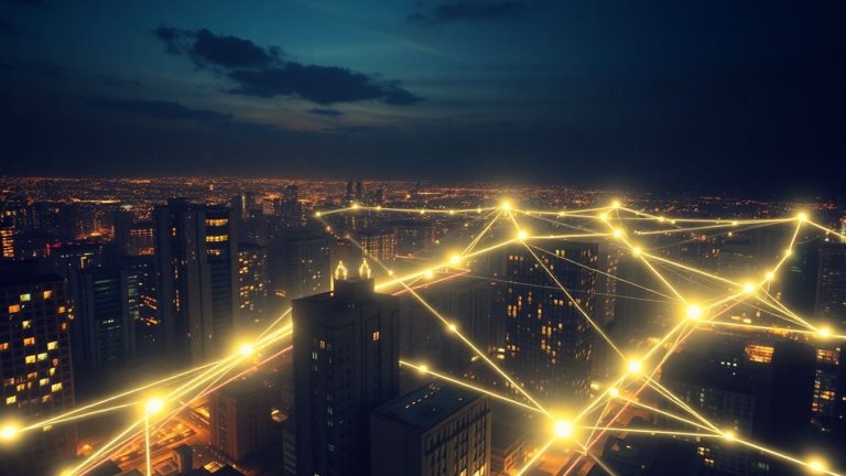 Blockchain technology connecting a futuristic city.