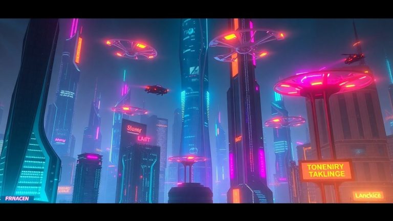 Futuristic cityscape with glowing aerial vehicles and advanced architecture.