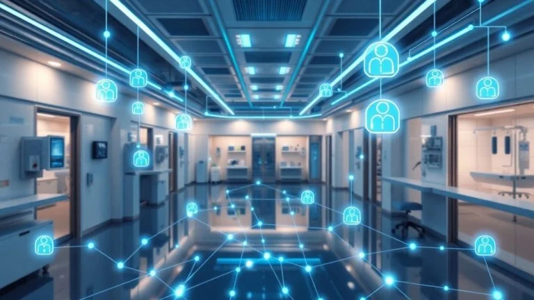Blockchain network connecting patient data in a futuristic medical setting.