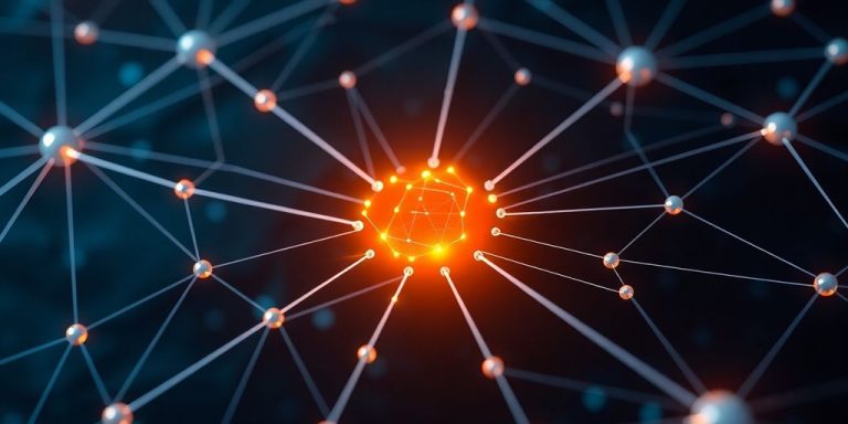 Interconnected blockchain nodes forming a complex network.