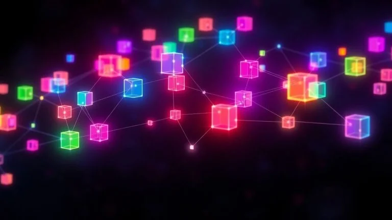 Interconnected glowing digital blocks forming a network.