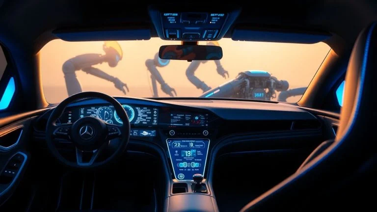 Futuristic car interior with holographic dashboard and robotic arms.