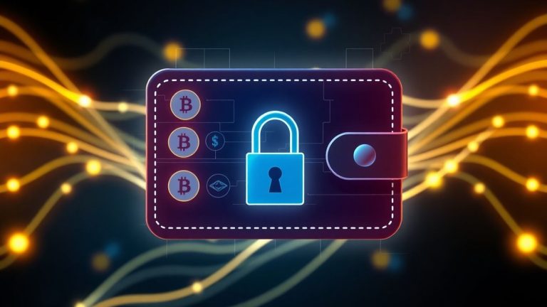 DeFi wallet with padlock and cryptocurrency icons.