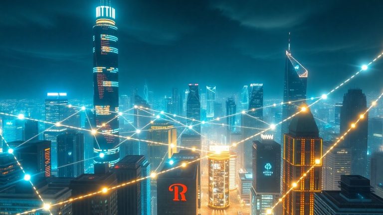 Futuristic city with glowing digital connections and blockchain nodes.