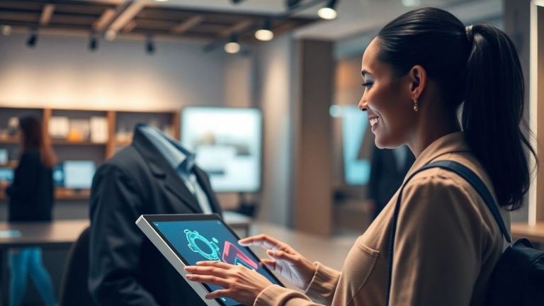 Person interacting with futuristic AI virtual assistant device