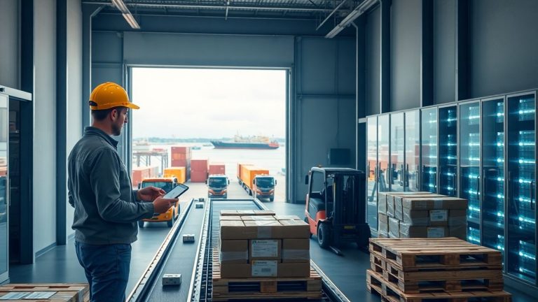 Warehouse with forklifts, pallets, conveyors, trucks, containers, cargo ship, servers.