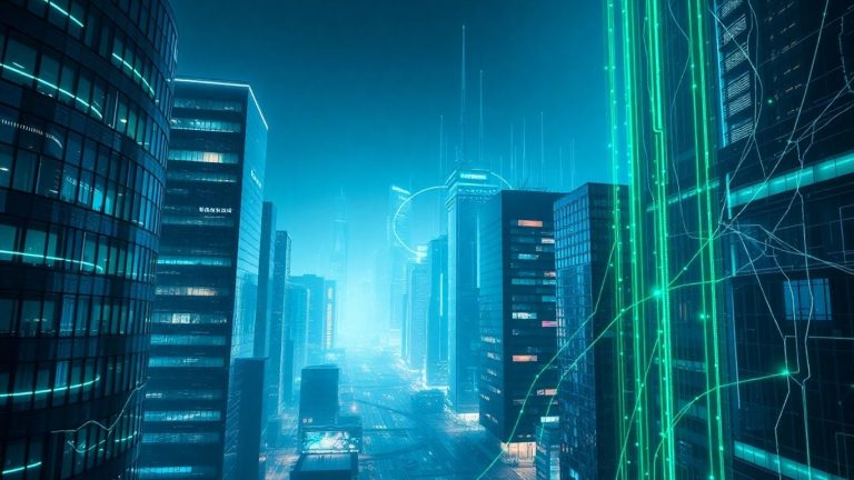 Futuristic cityscape with glowing data streams.