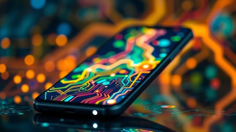 Futuristic smartphone with glowing digital patterns.