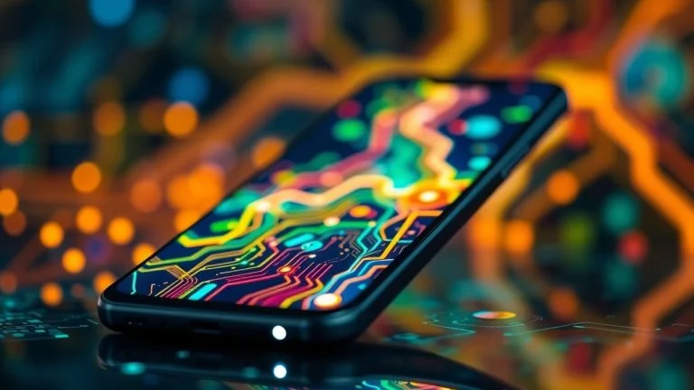 Futuristic smartphone with glowing digital patterns.