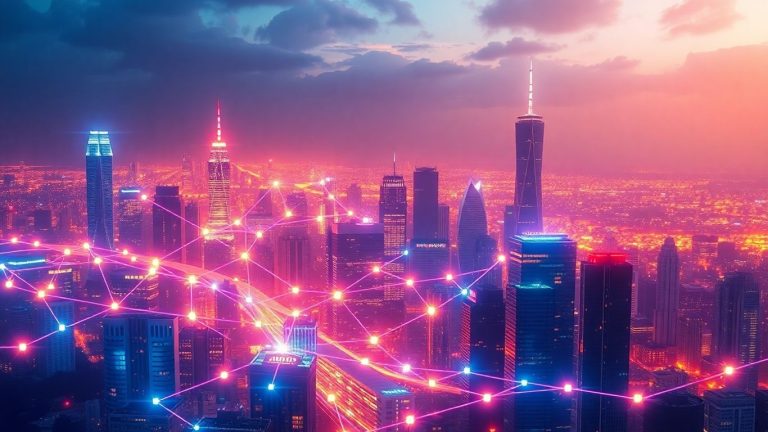 Futuristic cityscape with glowing blockchain connections and digital currency symbols.