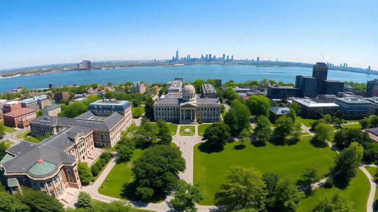 Stevens Institute of Technology campus with NYC skyline.