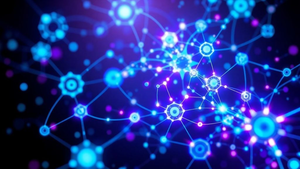 Abstract digital network with glowing nodes and flowing lines.