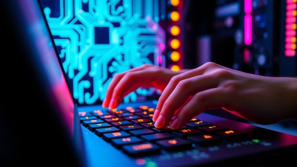 Developer hands on keyboard with circuit board background
