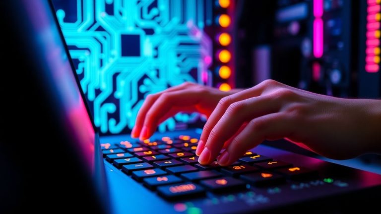 Developer hands on keyboard with circuit board background