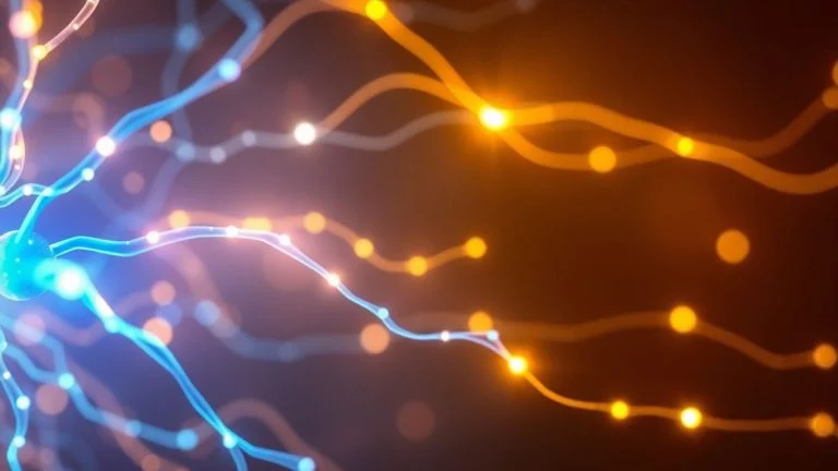 Glowing neural network with blue and gold light