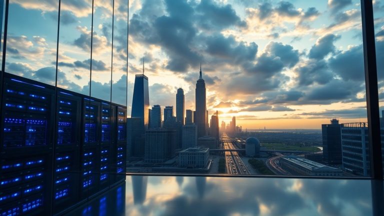 Dusk city skyline, office interior, blue-lit servers, sunlight breaking through.