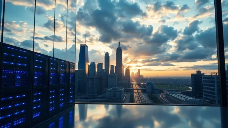 Dusk city skyline, office interior, blue-lit servers, sunlight breaking through.