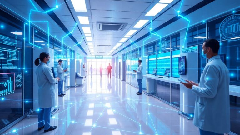 Blockchain network connecting healthcare professionals and patient data.