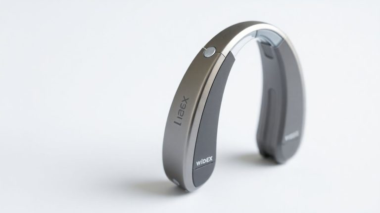Modern Widex hearing aid with intricate design.