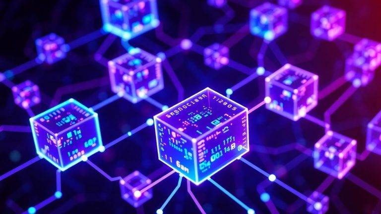 Interconnected glowing digital blocks with flowing data streams.