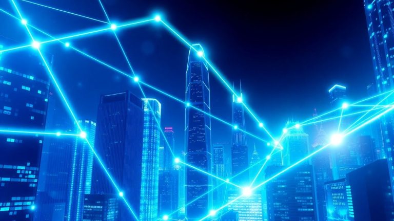 Futuristic cityscape with glowing digital streams connecting buildings.