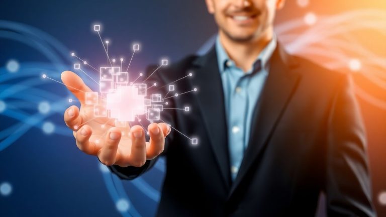 Professional holding glowing blockchain network