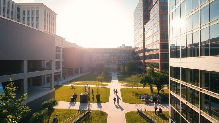 Georgia Tech campus buildings and green spaces under sunlight.