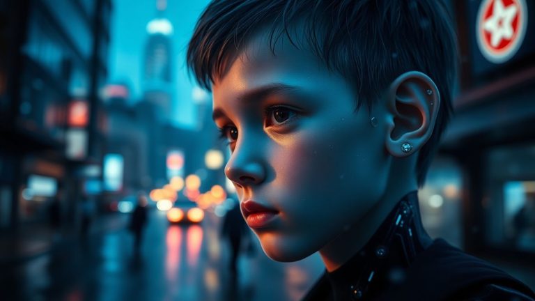 Android boy at night, rain on glass, neon city skyline.