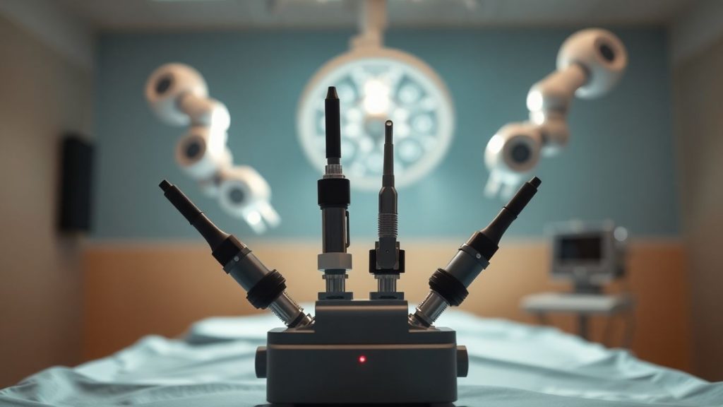 Surgical instruments and robotic arms in an operating room.