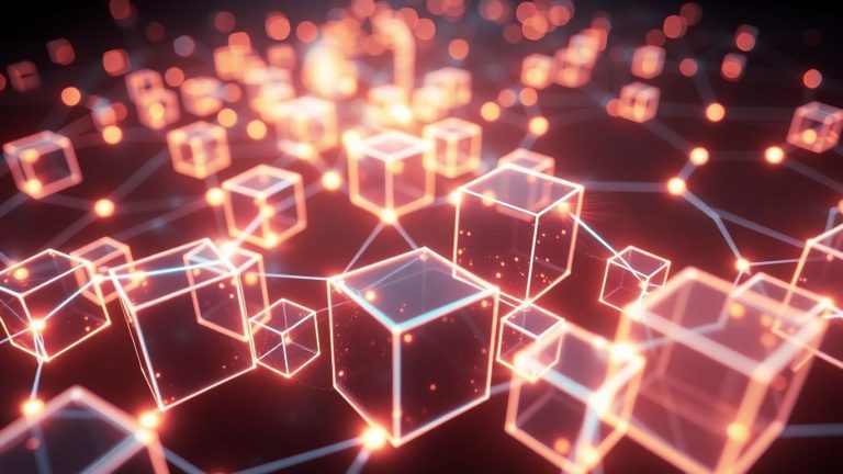 Glowing digital cubes forming a complex network.