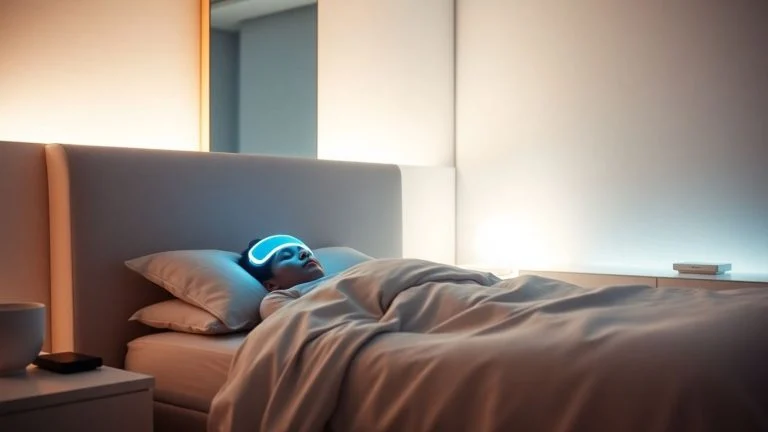 Person sleeping peacefully with futuristic glowing sleep mask.
