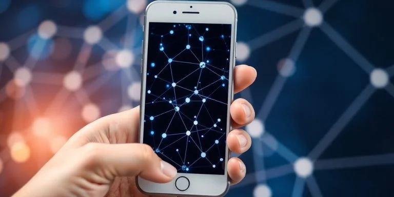 Smartphone displaying a digital network with glowing lines.