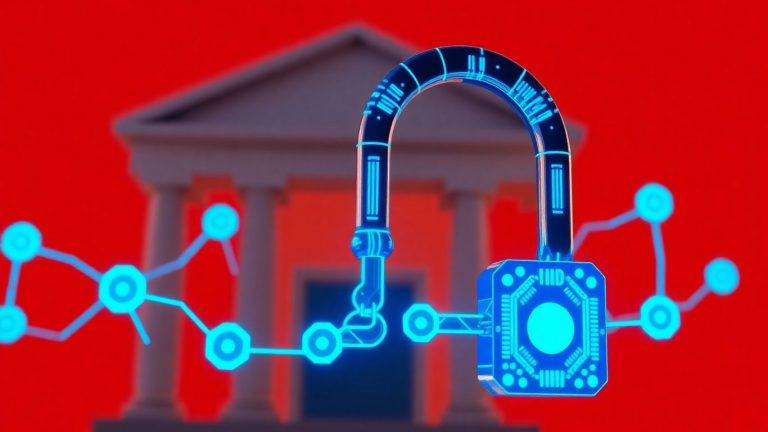 Digital padlock on a futuristic bank building.