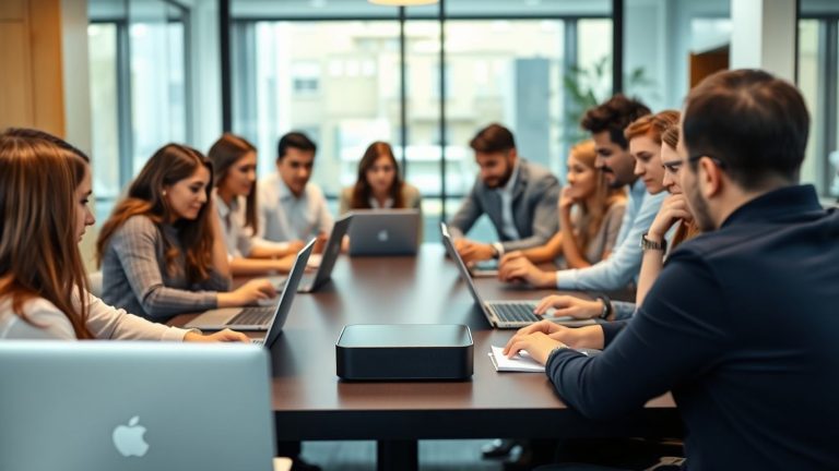 People using laptops with AI device at meeting table