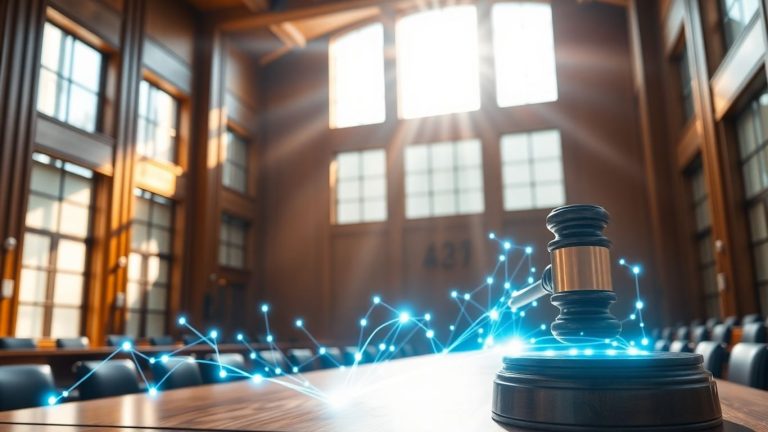 Gavel and blockchain network in a modern courtroom.