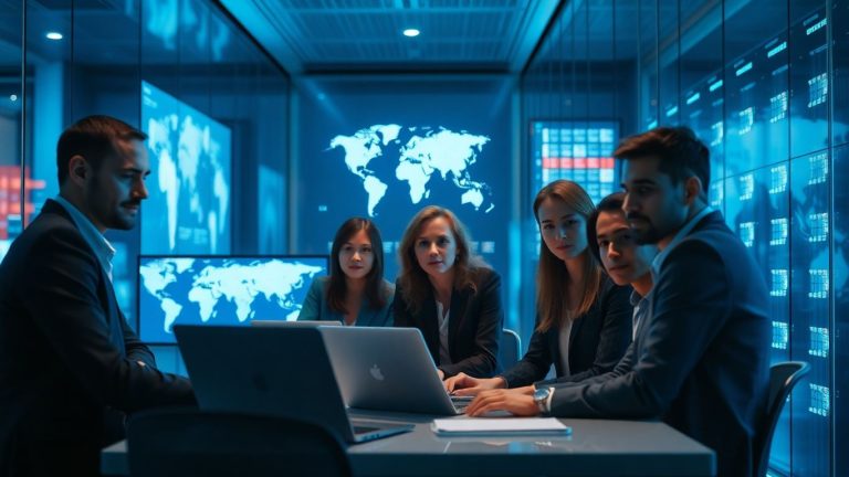 Diverse team in blue-lit office with glowing screens and servers.