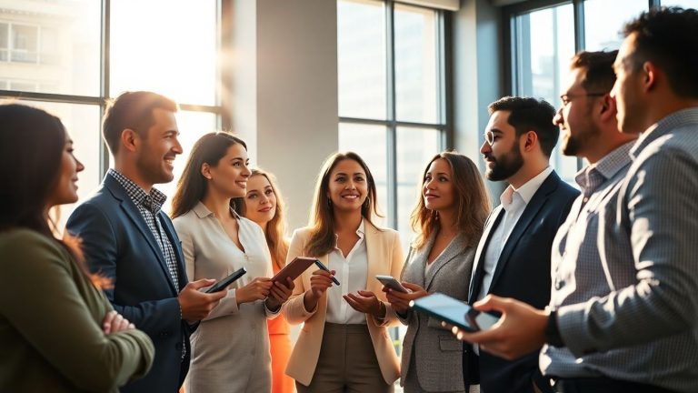 Professionals collaborating in a bright, modern tech office.