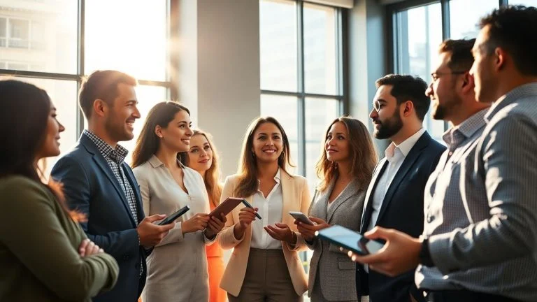 Professionals collaborating in a bright, modern tech office.