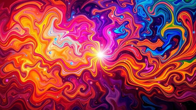 Abstract digital art with swirling colors and intricate patterns.