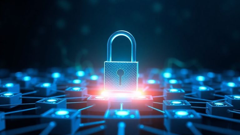 Digital padlock protecting interconnected blockchain blocks with glowing data streams.