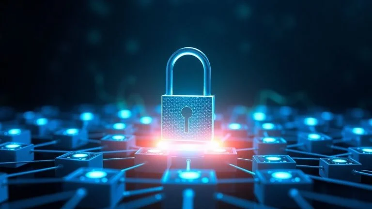 Digital padlock protecting interconnected blockchain blocks with glowing data streams.